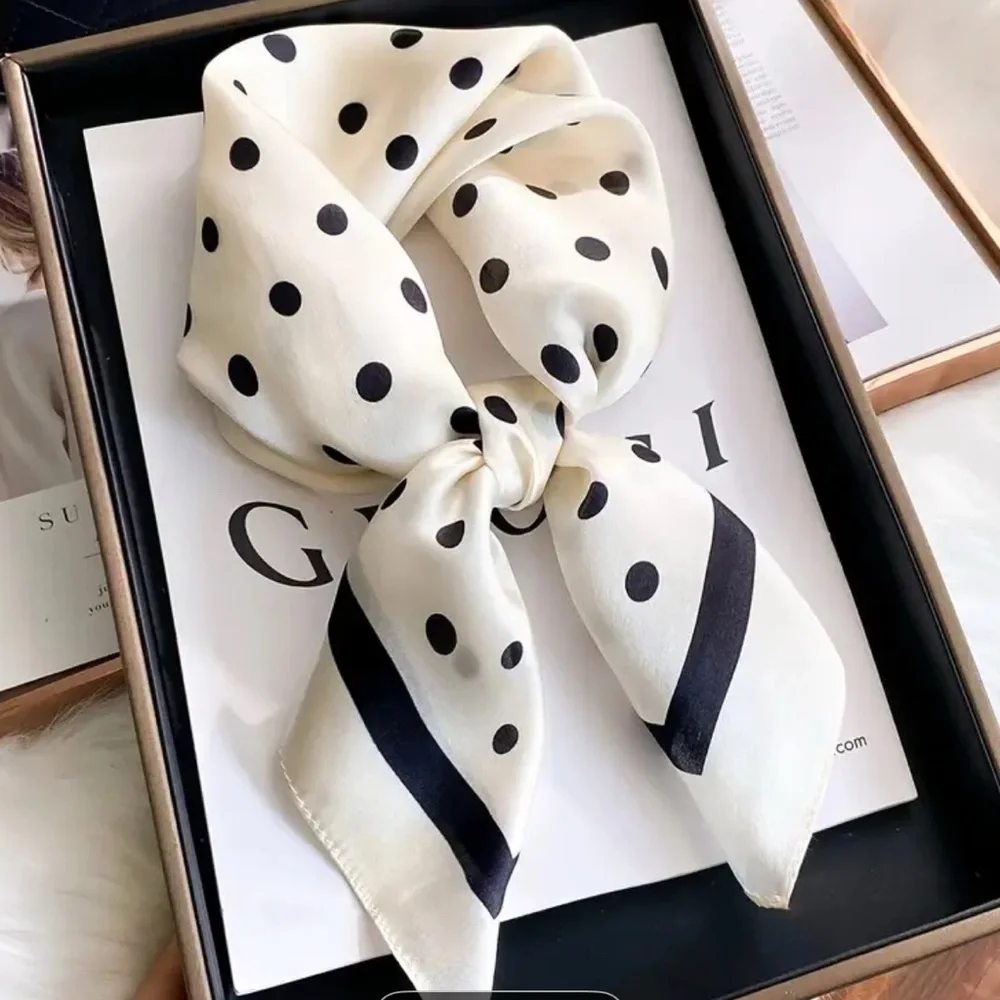 Black & Ivory Polka Dot Satin Square Scarf | Neck Scarf, Hair Tie, Bag Accent - Picture 2 of 6